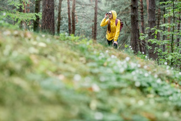 Vista da paisagem na floresta de pinheiros com uma mulher caminhando com uma capa de chuva amarela