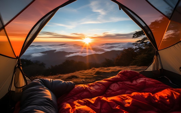 Vista da paisagem serena de dentro de uma tenda no pôr-do-sol do acampamento