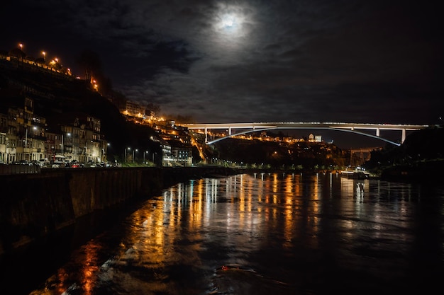 Vista da paisagem urbana de Porto Portugal e do rio Douro à noite vista da ponte Dom Luís I