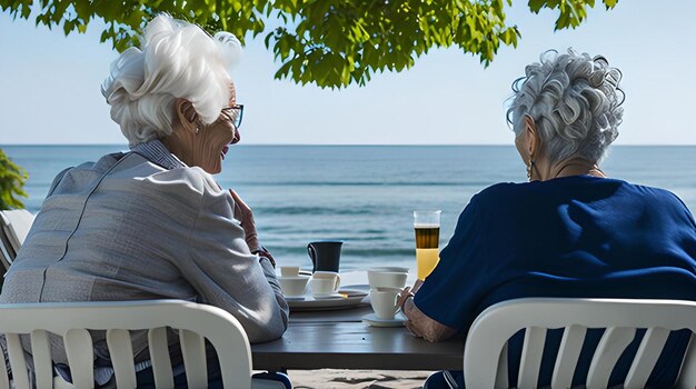 Vista da parte de trás de um casal idoso sentado em um café ao lado do mar