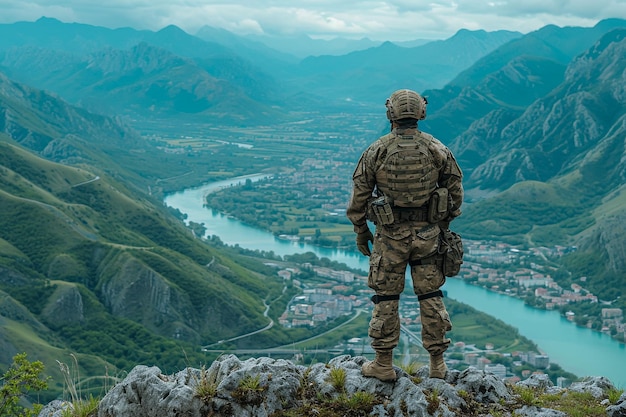 Vista da parte de trás de um soldado masculino no uniforme do exército americano agitando a bandeira dos Estados Unidos no topo de uma montanha em uma clareira ao pôr do sol