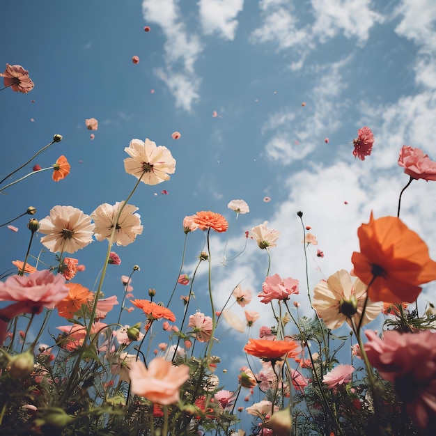 Vista da parte inferior das flores de papoulas vermelhas e flores brancas pétalas no topo das nuvens e céu flores florescentes um símbolo da primavera nova vida