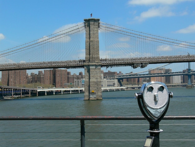 Vista da Ponte de Brooklyn, Nova Iorque, com o East River e a vista de Manhattan