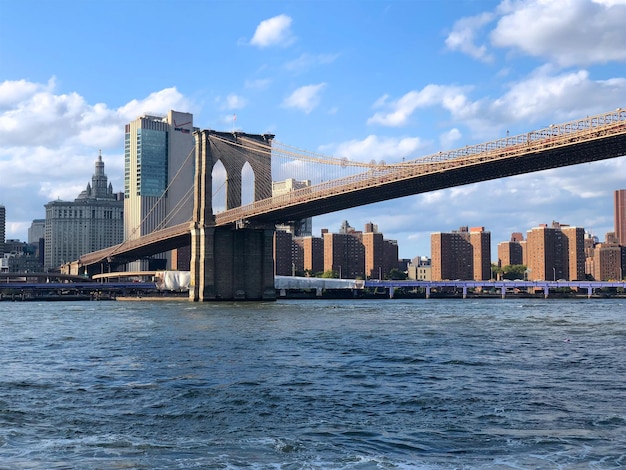 Vista da ponte do brooklyn e do horizonte de manhattan no centro da cidade de nova york