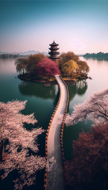 Vista da ponte sobre o lago com pagode ao fundo generative ai