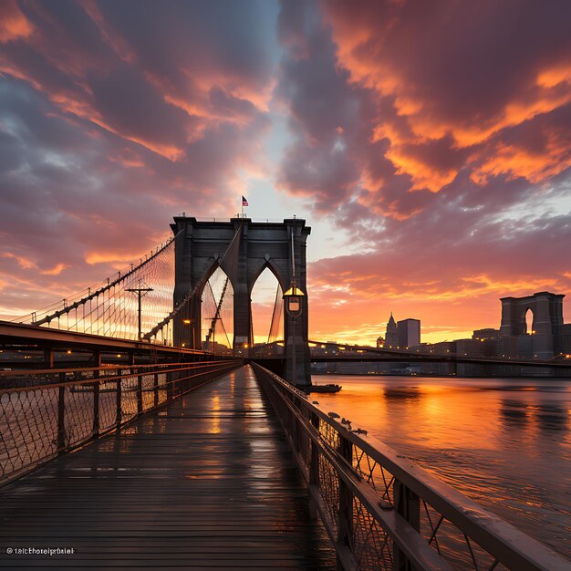 Foto vista da ponte suspensa da ponte de brooklyn durante o pôr do sol