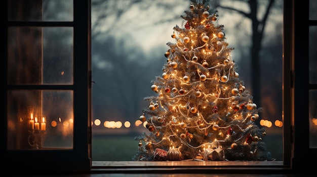 Vista da porta aberta para a árvore de Natal iluminada no quarto