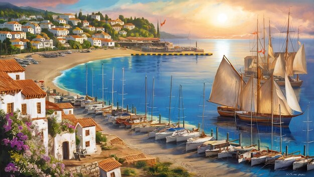 Foto vista da praia de bodrum mar egeu casas brancas tradicionais flores marina barcos a vela