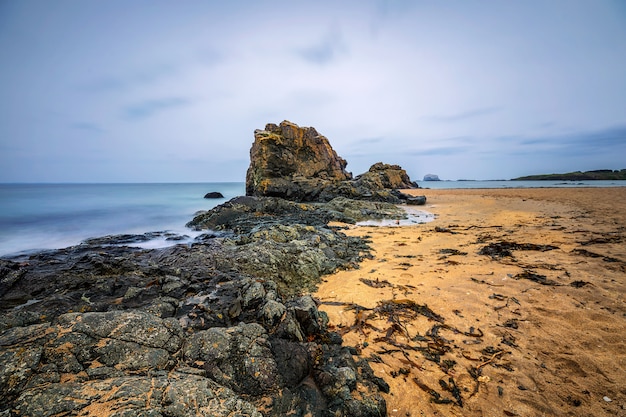 Foto vista da praia de yellowcraigs em bass rock, north berwick, escócia. grã bretanha