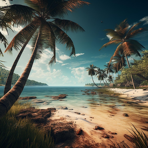 Foto vista da praia e das árvores de coco vistas de lado