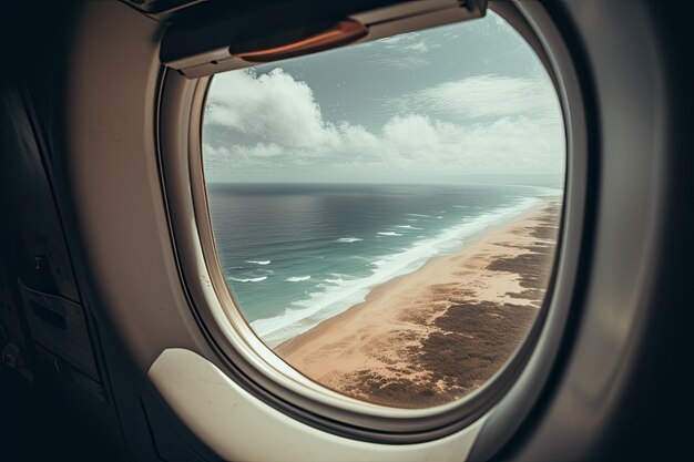 Vista da praia e do mar da janela do avião Conceito de viagem e turismo Generative AI