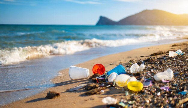 Vista da praia ensolarada arruinada por ondas de resíduos plásticos depositando detritos na costa destacando o ambiente