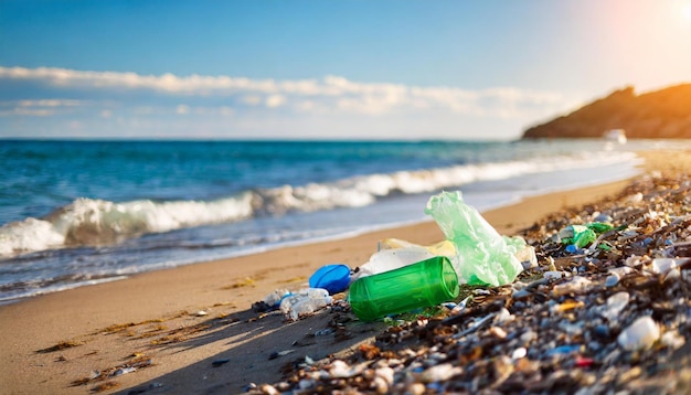 Vista da praia ensolarada arruinada por ondas de resíduos plásticos depositando detritos na costa destacando o ambiente