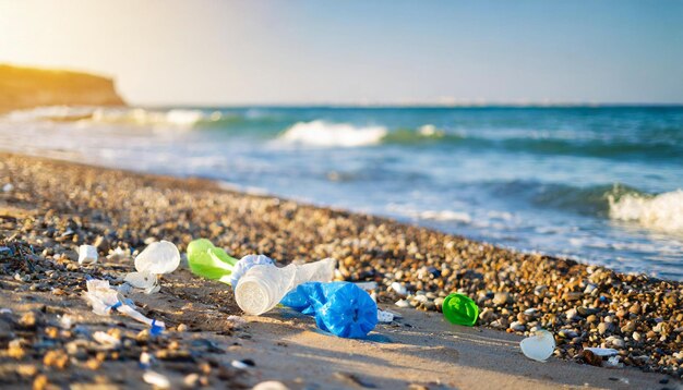 Vista da praia ensolarada arruinada por ondas de resíduos plásticos depositando detritos na costa destacando o ambiente