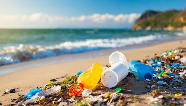 Vista da praia ensolarada arruinada por ondas de resíduos plásticos depositando detritos na costa destacando o ambiente