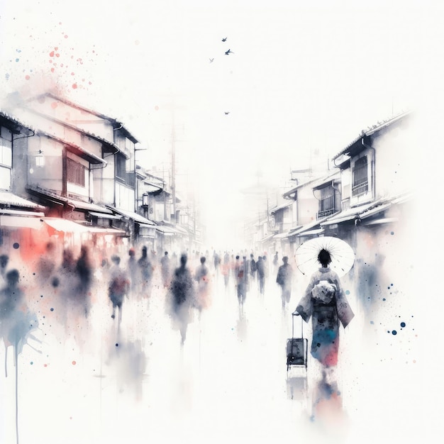 Vista da rua de Kyoto Gion em pintura de tinta com IA gerativa