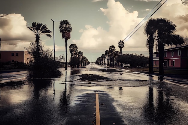 Vista da rua vazia na área inundada após o furacão landfall