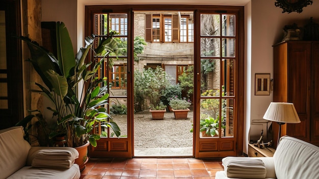 Vista da sala de estar para o pátio da fazenda AI Generative