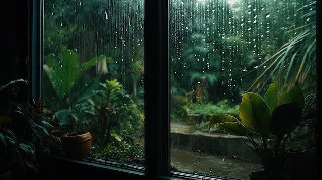 Vista da selva chuvosa de uma janela em uma casa