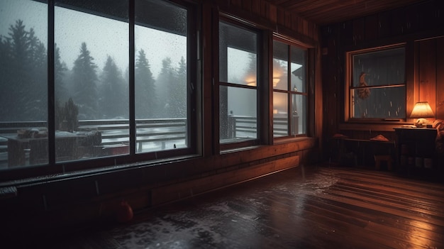 Vista da tempestade de chuva de dentro da cabine de inverno aconchegante e quente gerada por IA