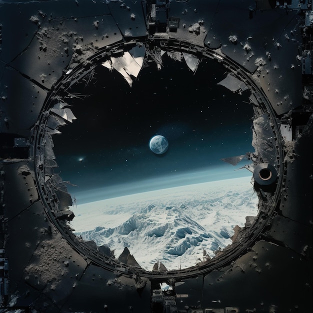 Foto vista da terra pelos astronautas a partir da janela da nave espacial danificada