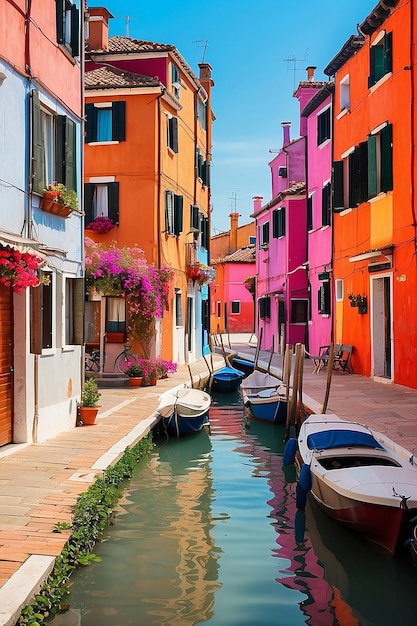 Vista das coloridas casas venezianas nas ilhas de Burano, em Veneza