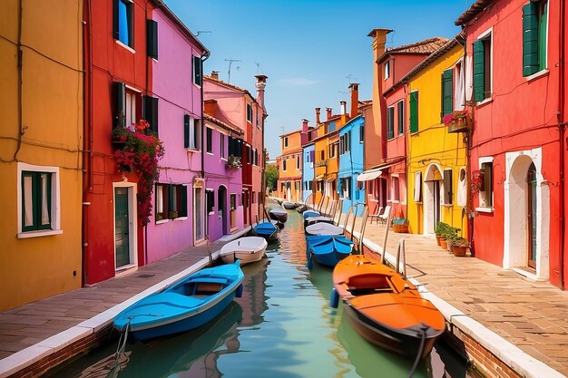 Vista das coloridas casas venezianas nas ilhas de Burano, em Veneza