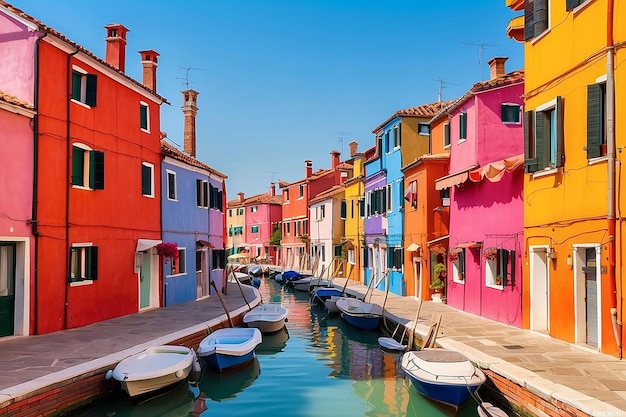 Vista das coloridas casas venezianas nas ilhas de Burano, em Veneza