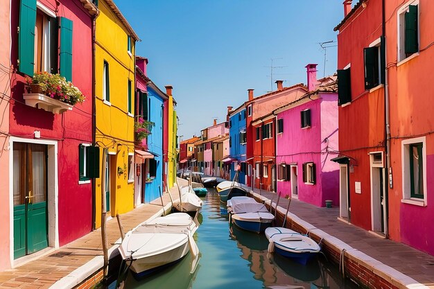 Vista das coloridas casas venezianas nas ilhas de Burano, em Veneza