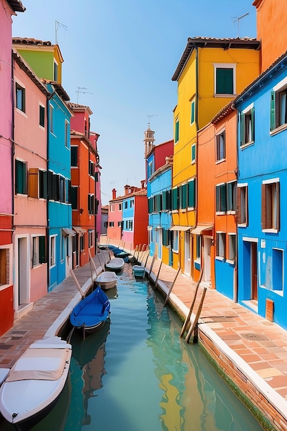 Vista das coloridas casas venezianas nas ilhas de Burano, em Veneza