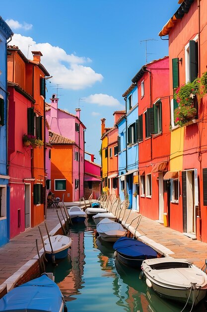 Vista das coloridas casas venezianas nas ilhas de Burano, em Veneza