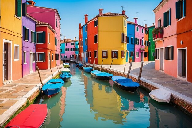 Vista das coloridas casas venezianas nas ilhas de Burano, em Veneza