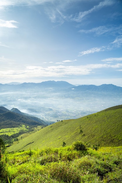 Vista das montanhas da Indonésia com grama verde larga