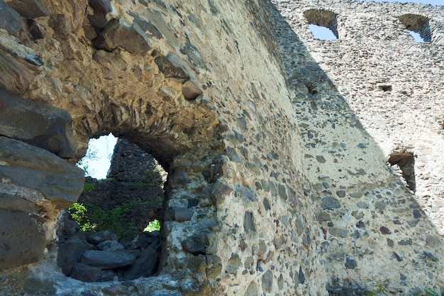 Vista das ruínas do Castelo de Nevytsky no verão (vila Kamyanitsa, 12 km ao norte de Uzhhorod, Oblast de Zakarpattia, Ucrânia). Construída no século XIII.