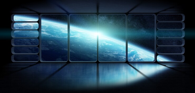 Foto vista, de, a, terra planeta, de, um, enorme, nave espacial, janela, 3d, fazendo, elementos, de, este, imagem, fornecido, por, nasa