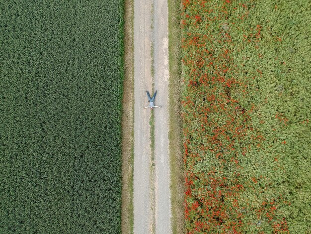 Foto vista de alto ângulo da estrada no campo