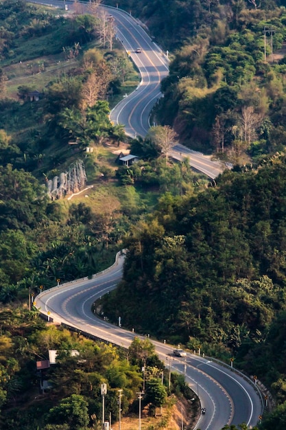 Vista de alto ângulo da estrada no meio das árvores