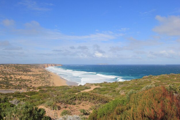 Foto vista de alto ângulo da praia calma sob o céu azul