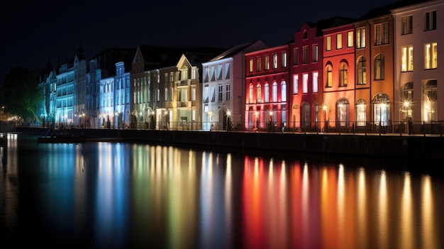 Vista de alto ângulo da visão noturna do Festival de Dusseldorf ao longo do rio