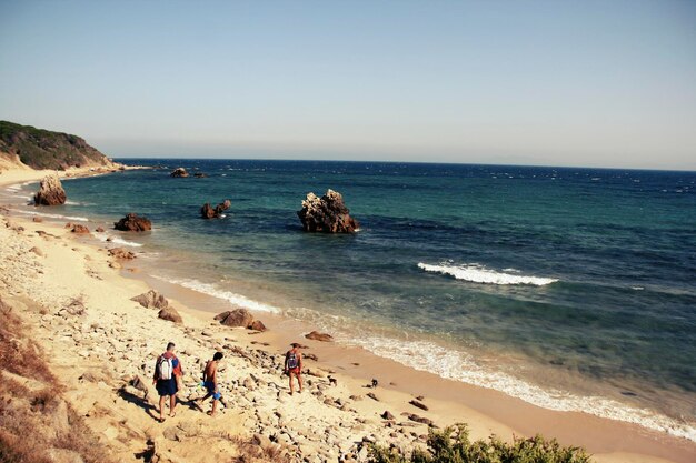 Vista de alto ângulo de amigos caminhando sobre rochas na praia