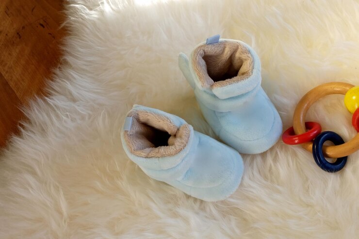Foto vista de alto ângulo de botas de bebê por brinquedo em pele
