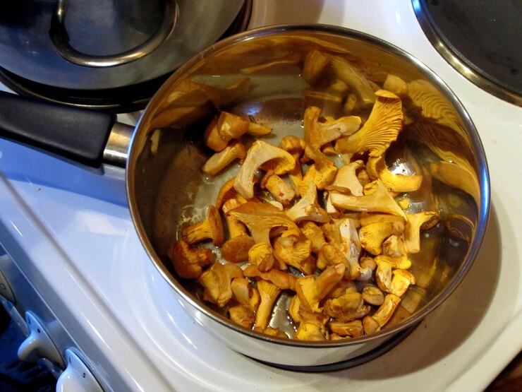Foto vista de alto ângulo de chanterelles em utensílios de cozinha no fogão