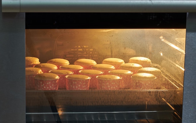 Vista de alto ângulo de cupcakes assados no forno