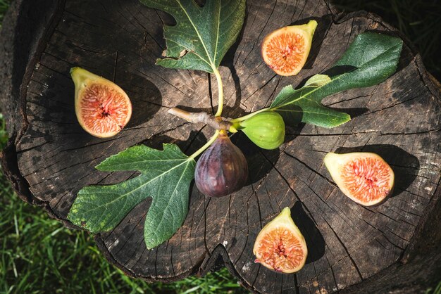 Foto vista de alto ângulo de frutas e folhas na mesa