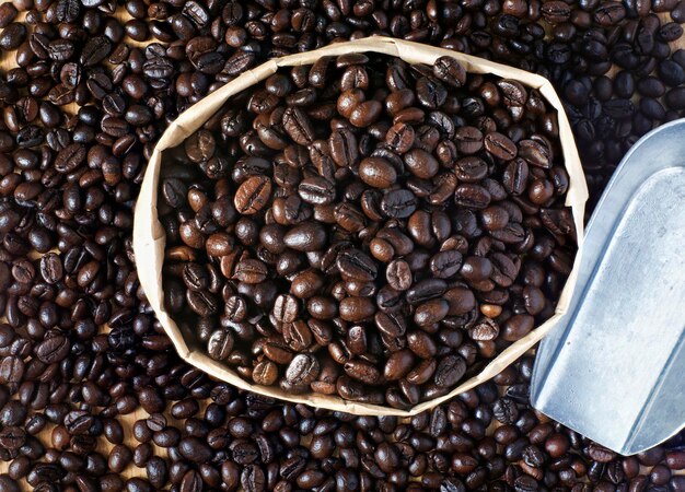 Foto vista de alto ângulo de grãos de café