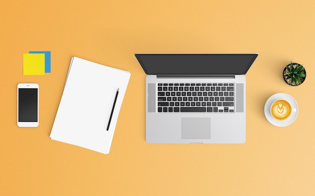 Vista de alto ângulo de laptop com café e papéis em fundo laranja