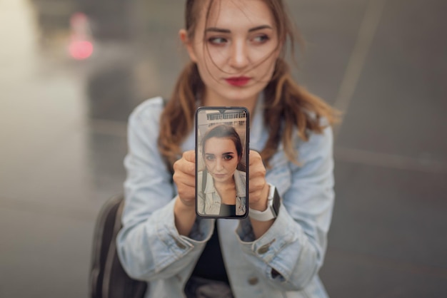 Foto vista de alto ângulo de mulher mostrando fotografia em telefone celular