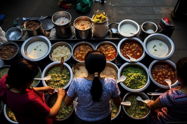 Foto vista de alto ângulo de pessoas preparando comida no mercado de rua