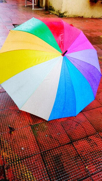 Vista de alto ângulo de um guarda-chuva colorido em uma trilha molhada durante a estação chuvosa