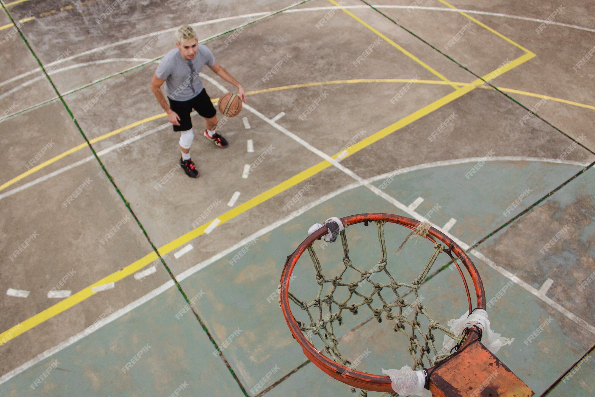 Vista Alta Ângulo, De, Jogador Basquetebol, Mergulhar, Basquetebol